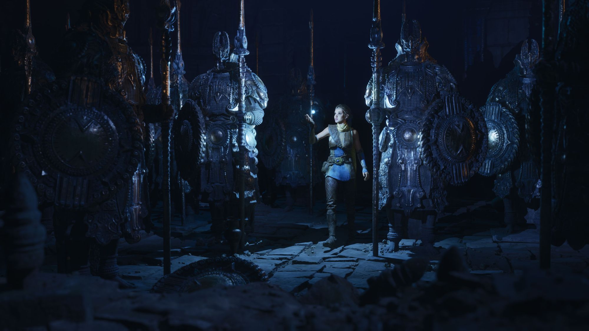 Character exploring statues in Unreal Engine 5 tech demo from May 2020