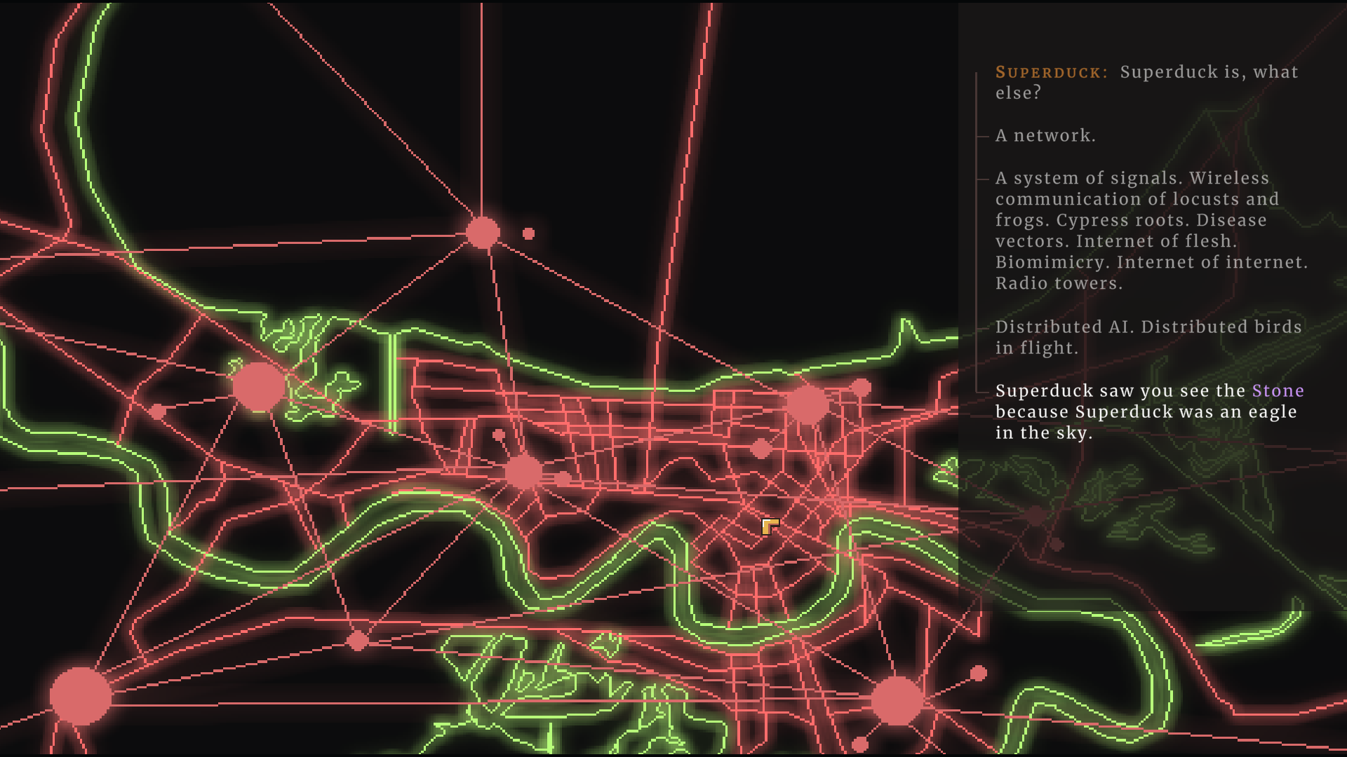 A screen of mostly red and green lines, crossed, with text on the right. From NORCO.