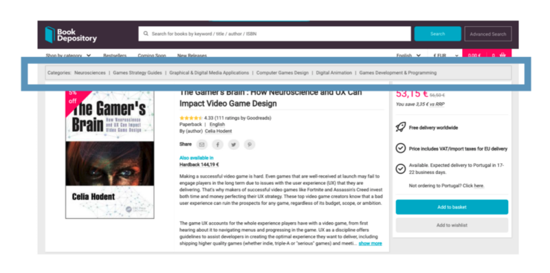 Screenshot of Book Depository with categories list highlighted 