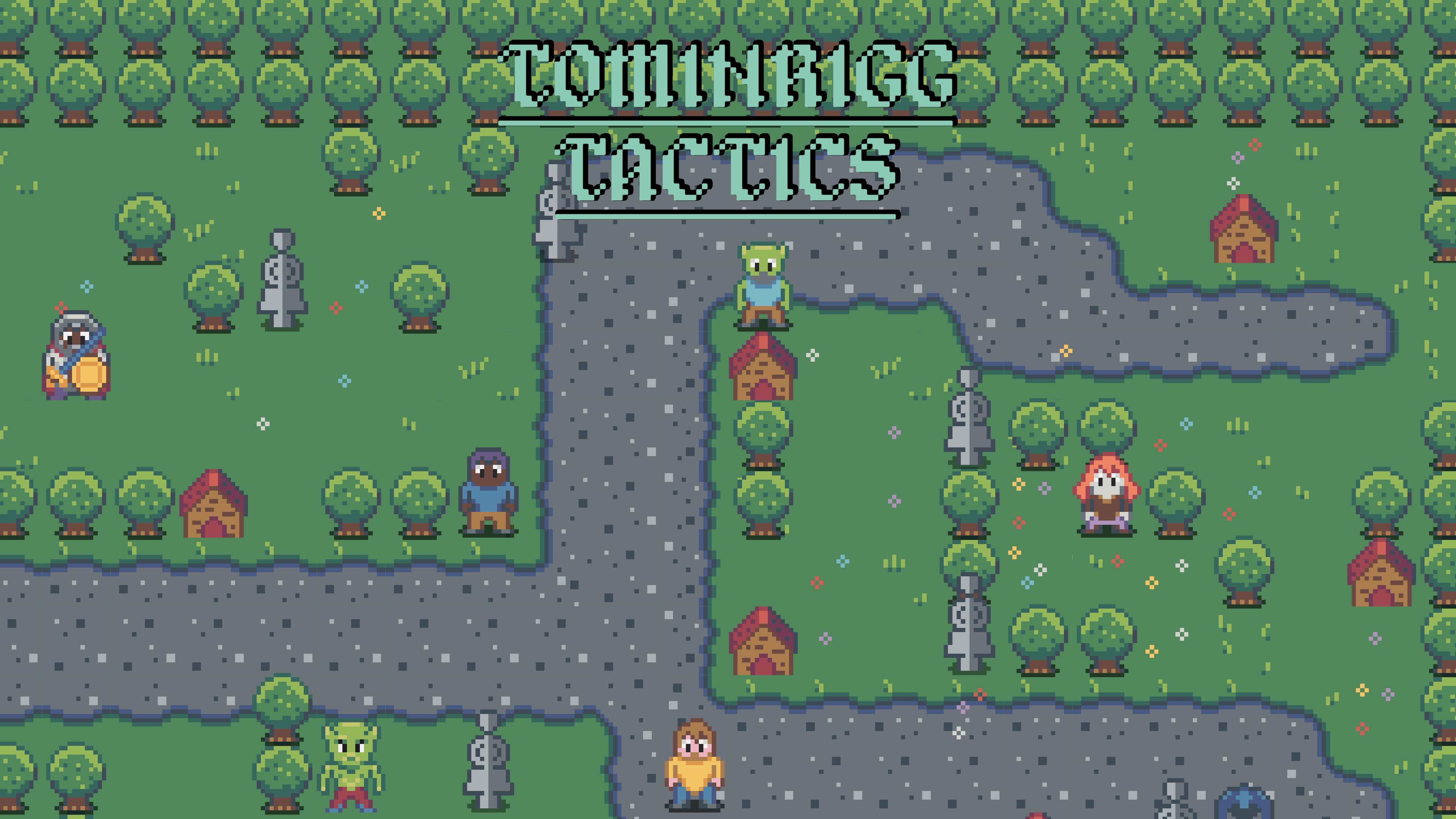 A screenshot of the game. The game has a pixel art style and you can see trees, houses, and some villagers and monsters.