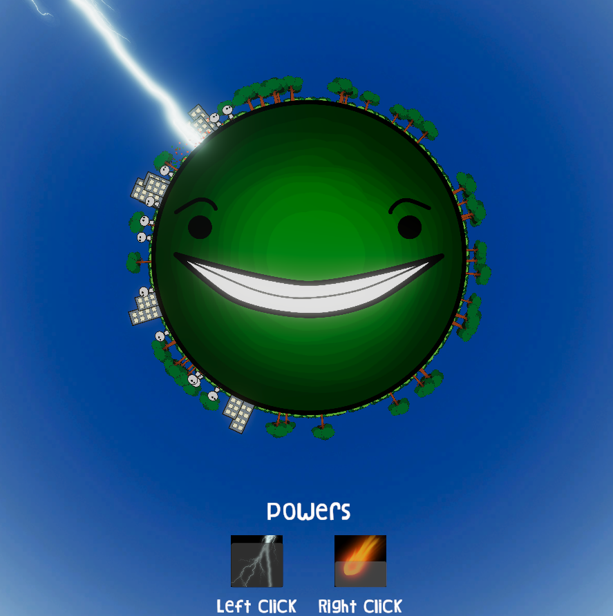 A screenshot of the game where you can see a green happy planet with only a few houses and humans at this point.