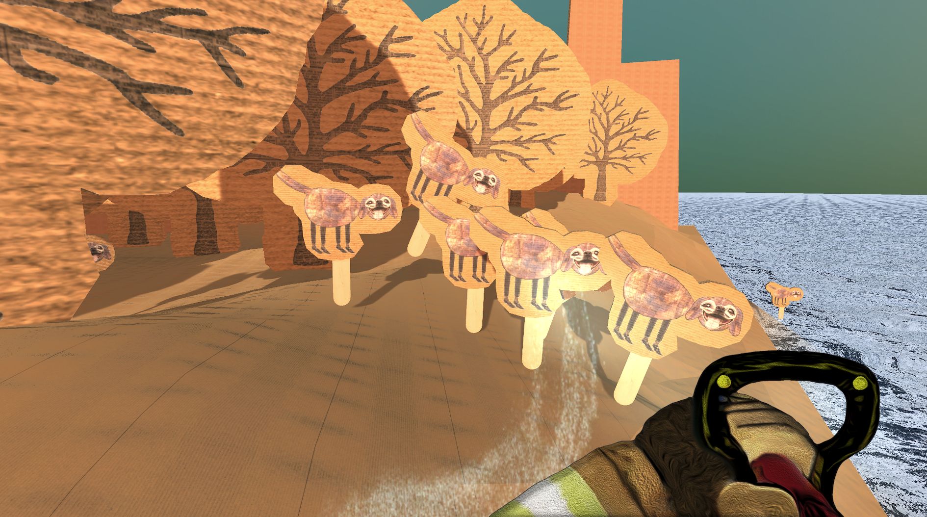 A screenshot of the game whre you can see a bunch of cardboard trees with cardboard animals between them.