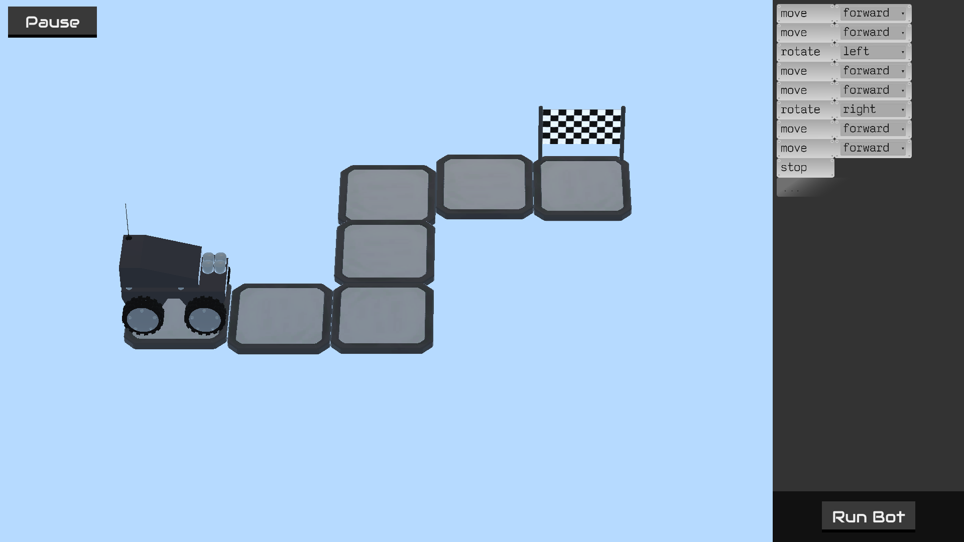 A screenshot of the game where you can see a robot car at the beginning of a tiled track which leads to a finish line.