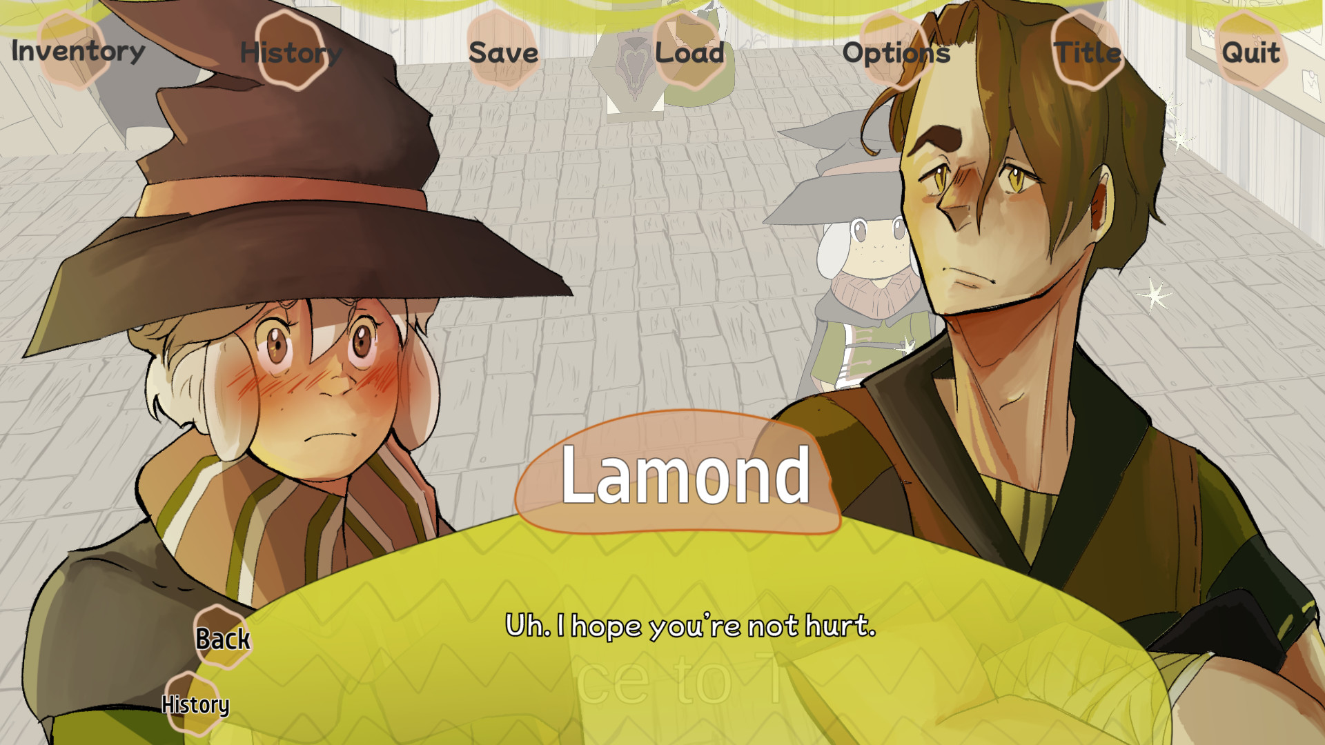 Screenshot. Mar blushes as Lamond says, "Uh. I hope you're not hurt."