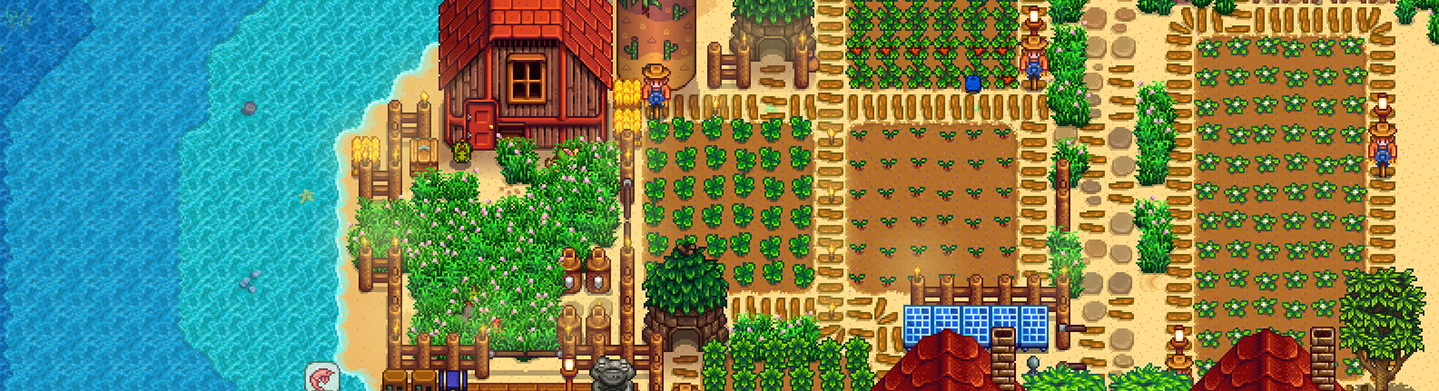 A screenshot of a player's farm in Stardew Valley. The farmland is neatly separated into plots for different crops and contains a Deluxe Coop.