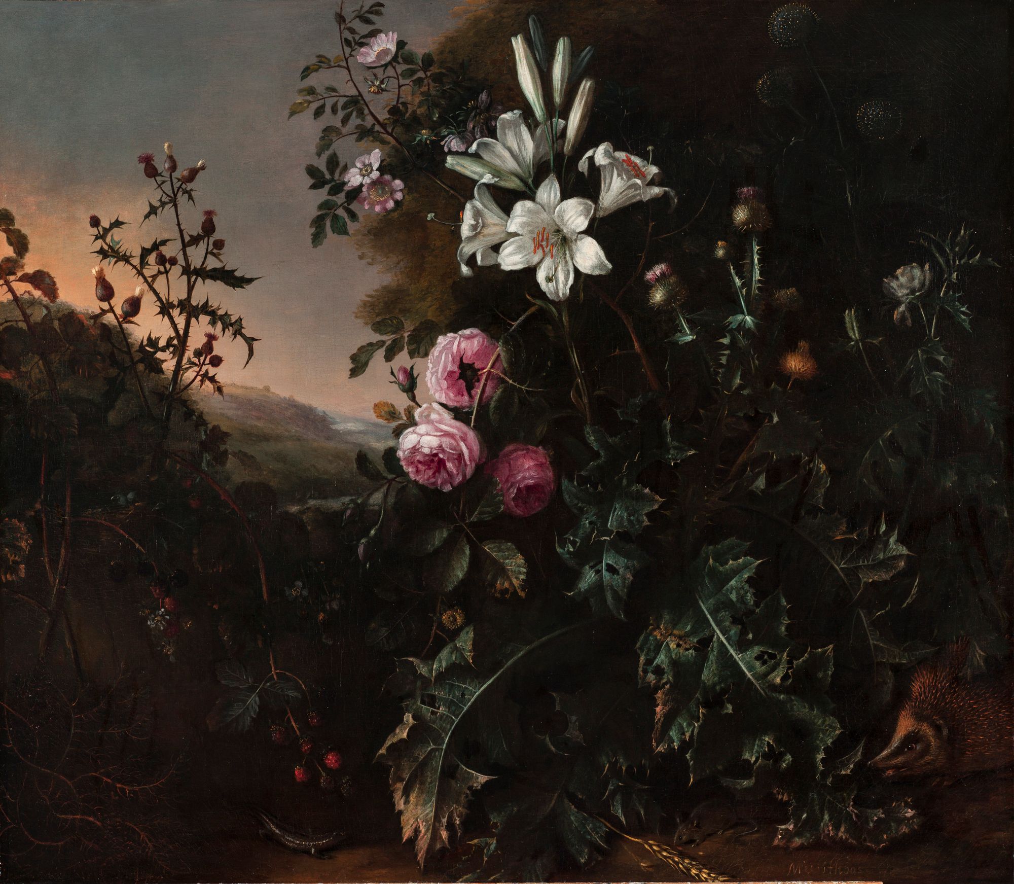 The entirity of a painting depicting pink and white flowers growing in greenery, with a small hedgehog and some berries in the foreground and rolling hills and blue sky in the backgroud.