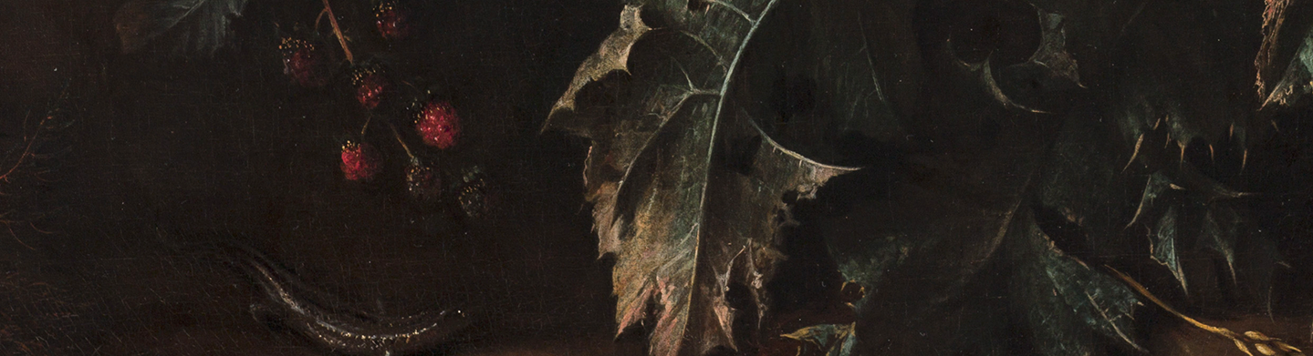 Painting of greenery and some red berries.