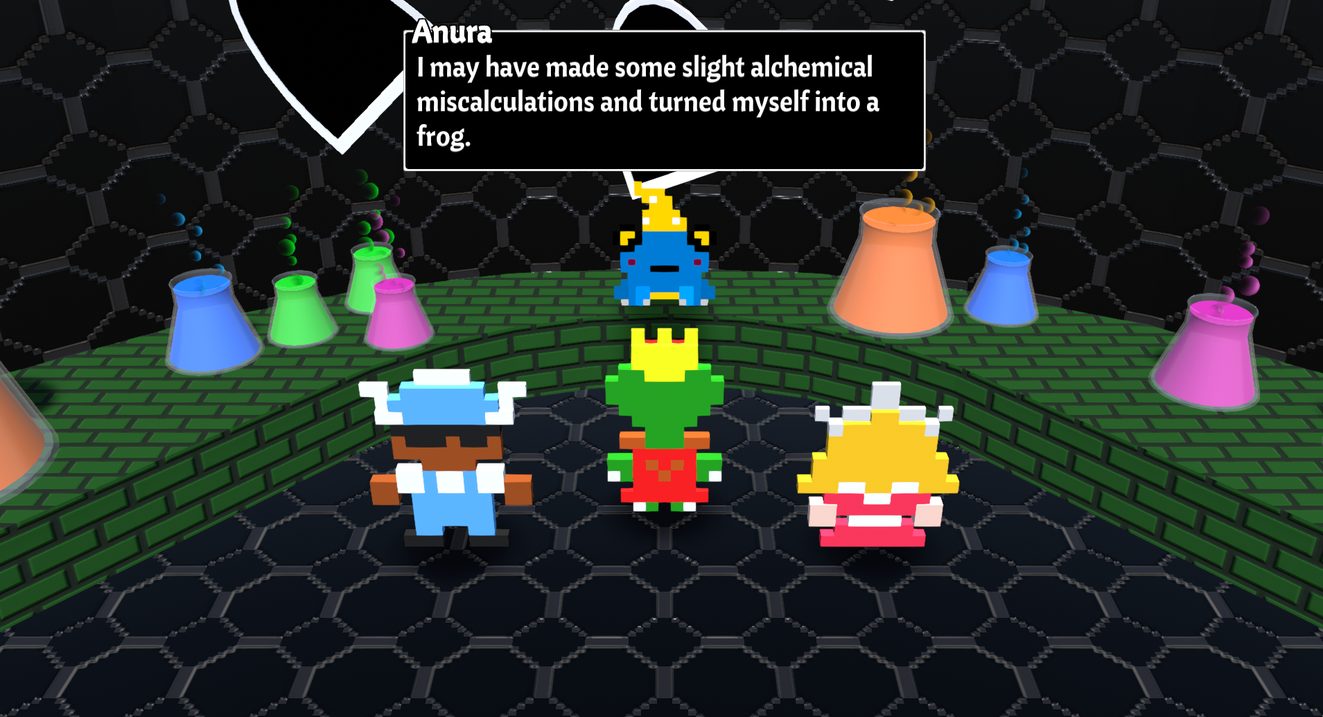 Screenshot of the three protagonists in a lab. A blue frog laments its accidental transformation.