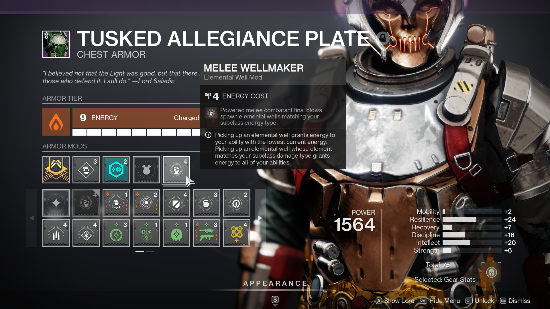 Screenshot of the game; the Tusked Allegiance Plate detail screen.