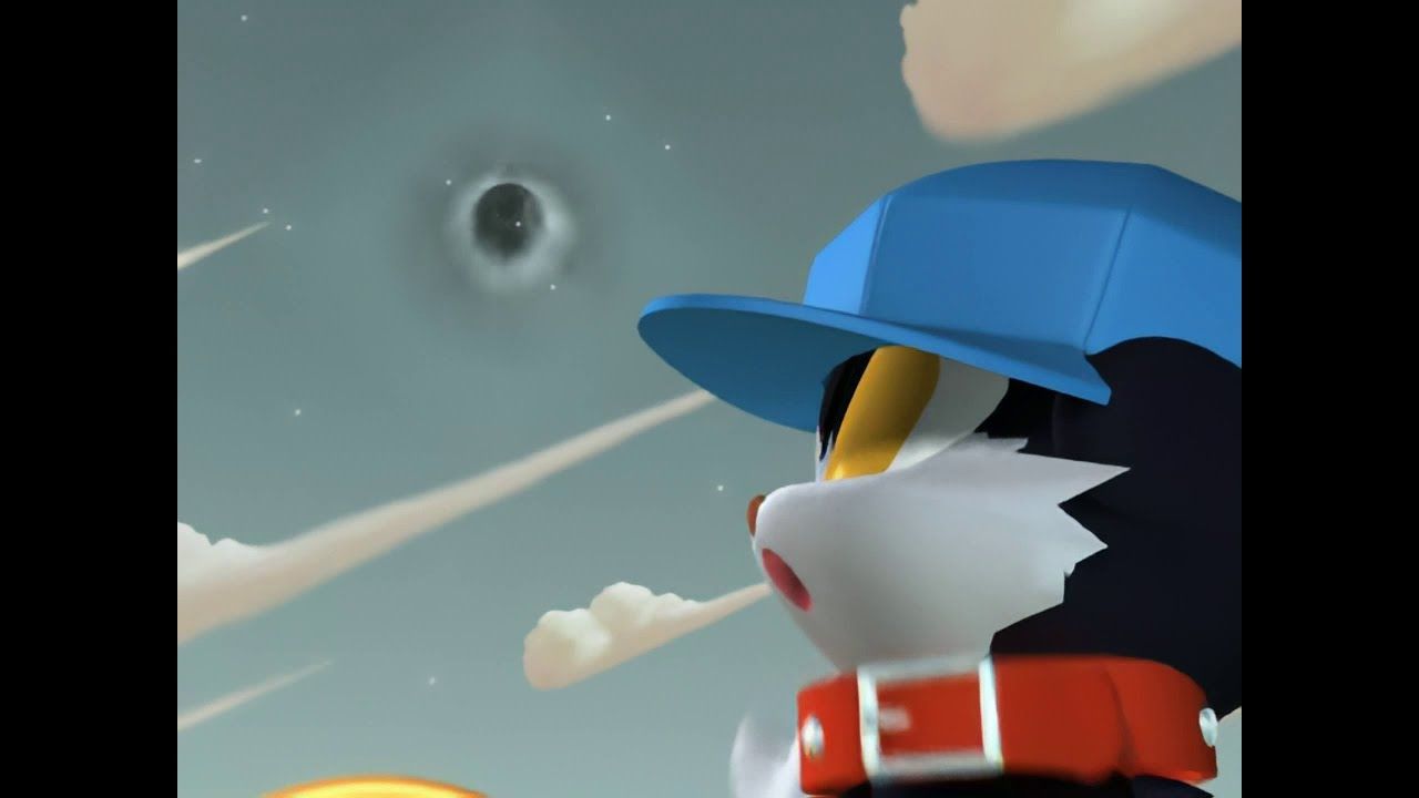 A screenshot from the game. Klonoa looks up in shock at a portal in the sky.