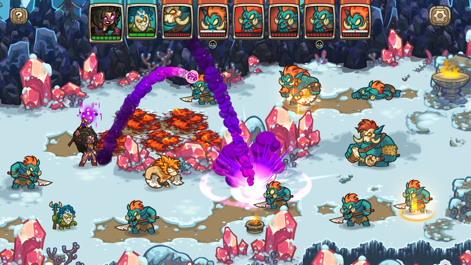 Screenshot from the game; the player character releases a purple magic barrage against an enemy team of blue trolls.