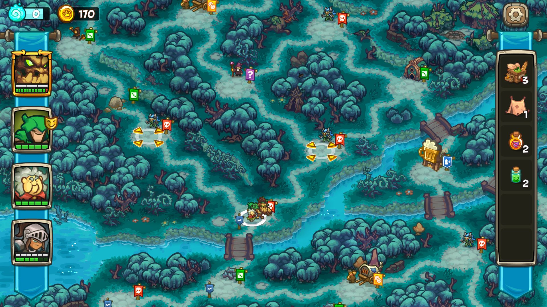 An overworld map from the game filled with blue-tinted forest and stony paths connecting quaint towns and enemy camps.