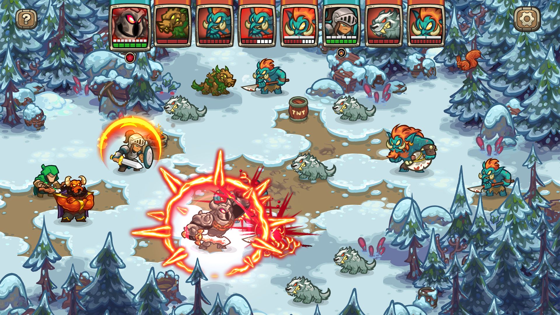 Screenshot from the game; the player character releases a heaby attack against a pack of wolves and blue trolls.