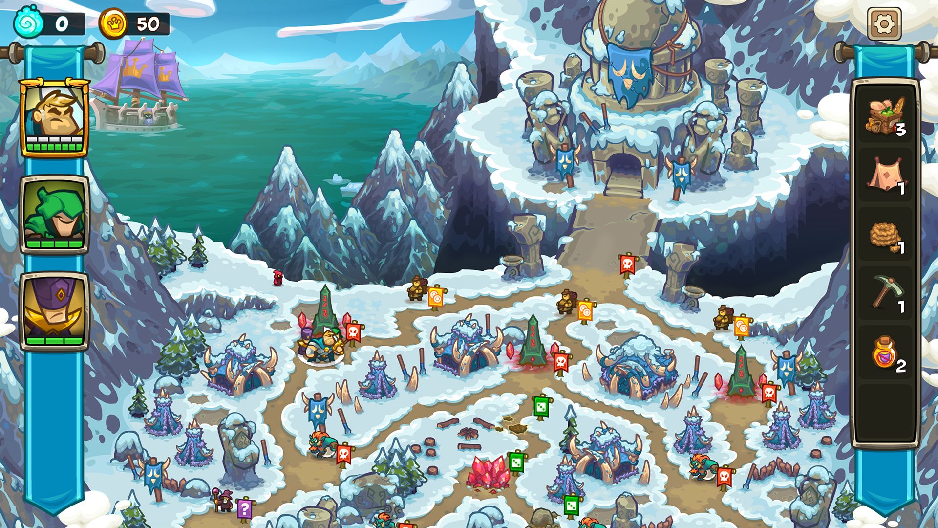 Screenshot from the game of an icy overworld map on a mountain leading to a large stone temple.