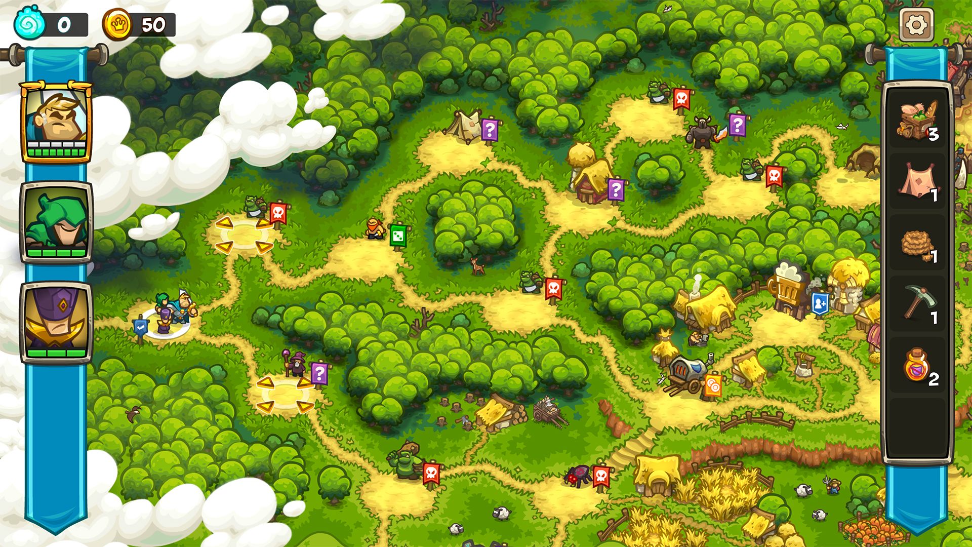 Game screenshot;  the world map full of forests and yellow paths between picturesque villages and enemy camps.