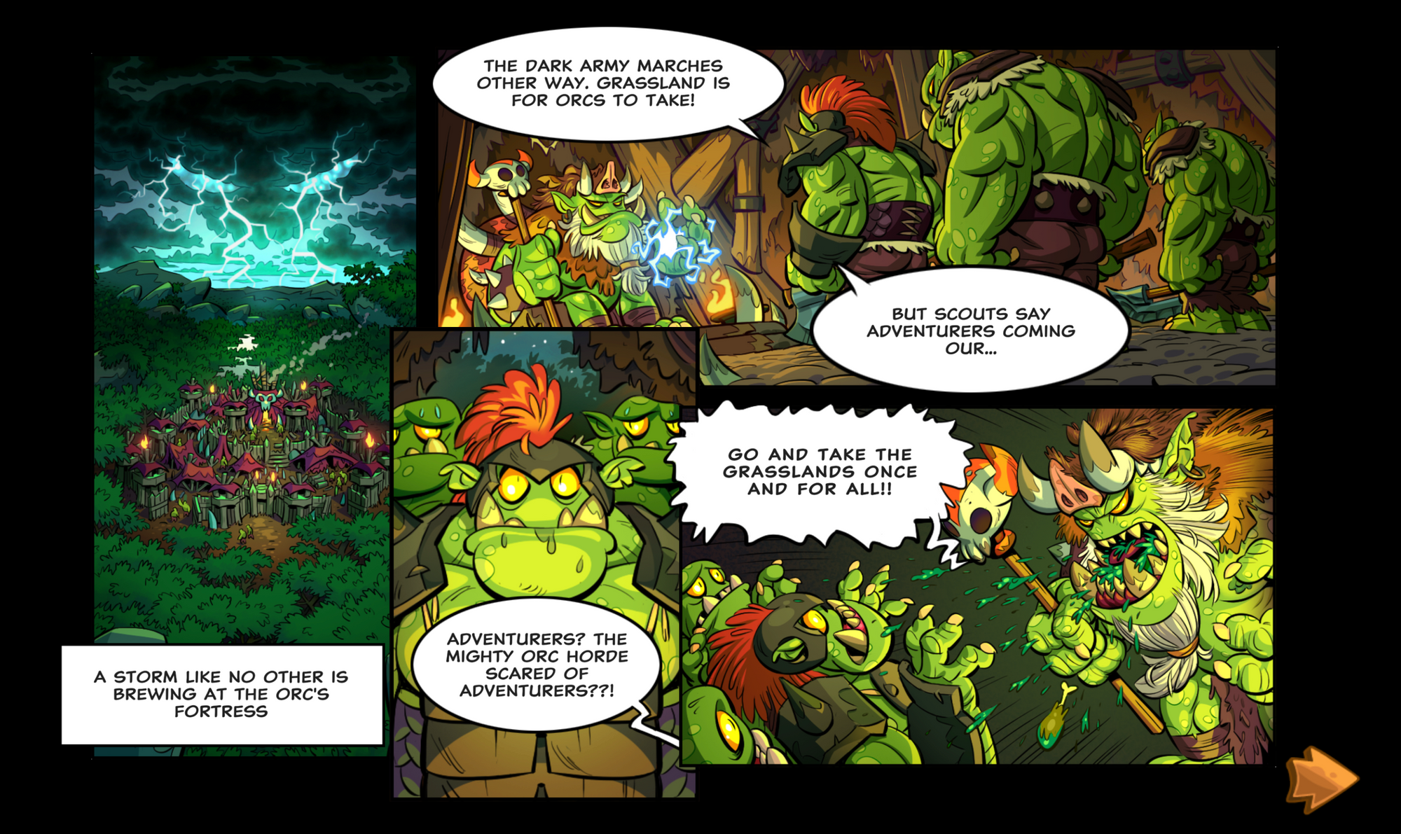 Cut scene comic panels from the game. A storm brews over an orc fortress, where scouts report back to the orc leader about adventurers on the trail.
