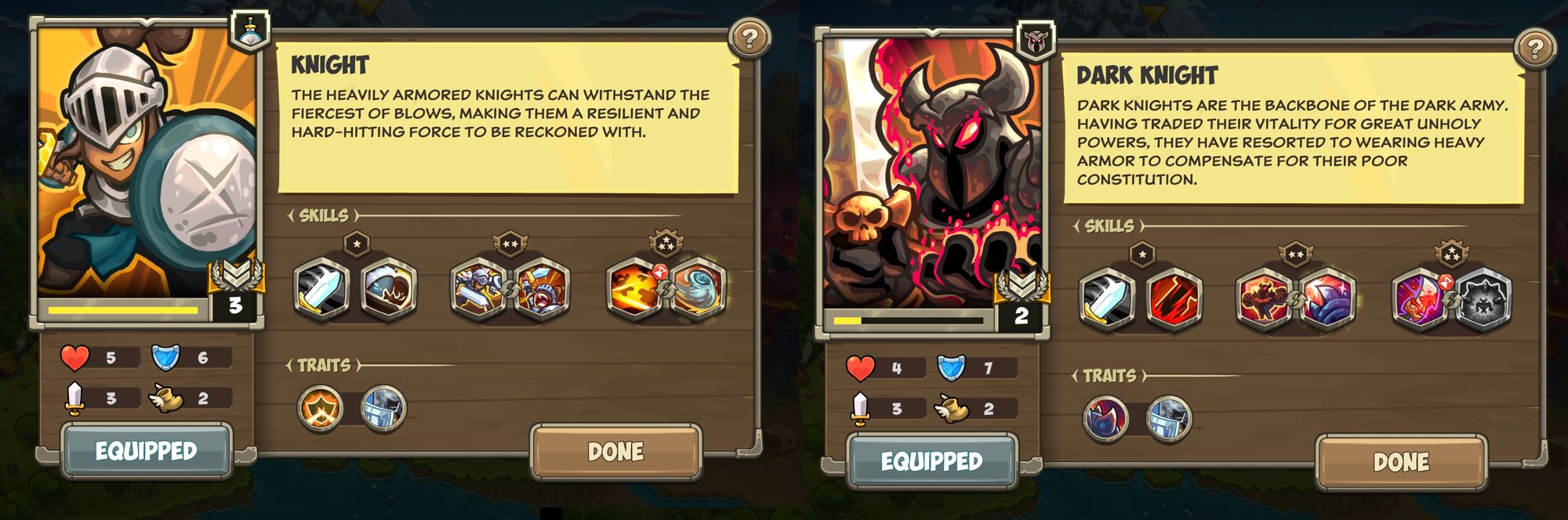 Screenshot from the game of Knight's and Dark Knight's stat cards.