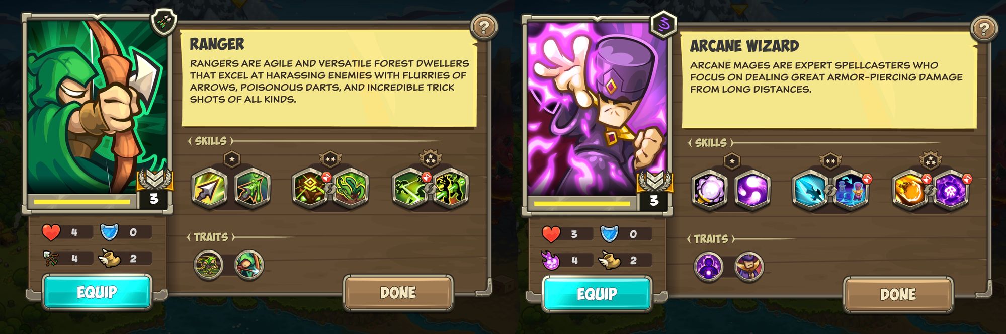 Screenshot from the game of Ranger's and Arcane Wizard's stat cards.