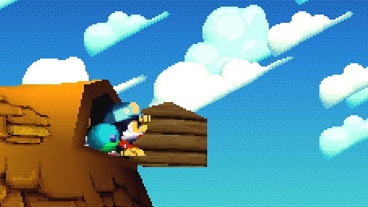 A screenshot from the game. Klonoa and Huepow look out of a window in a tiled roof.