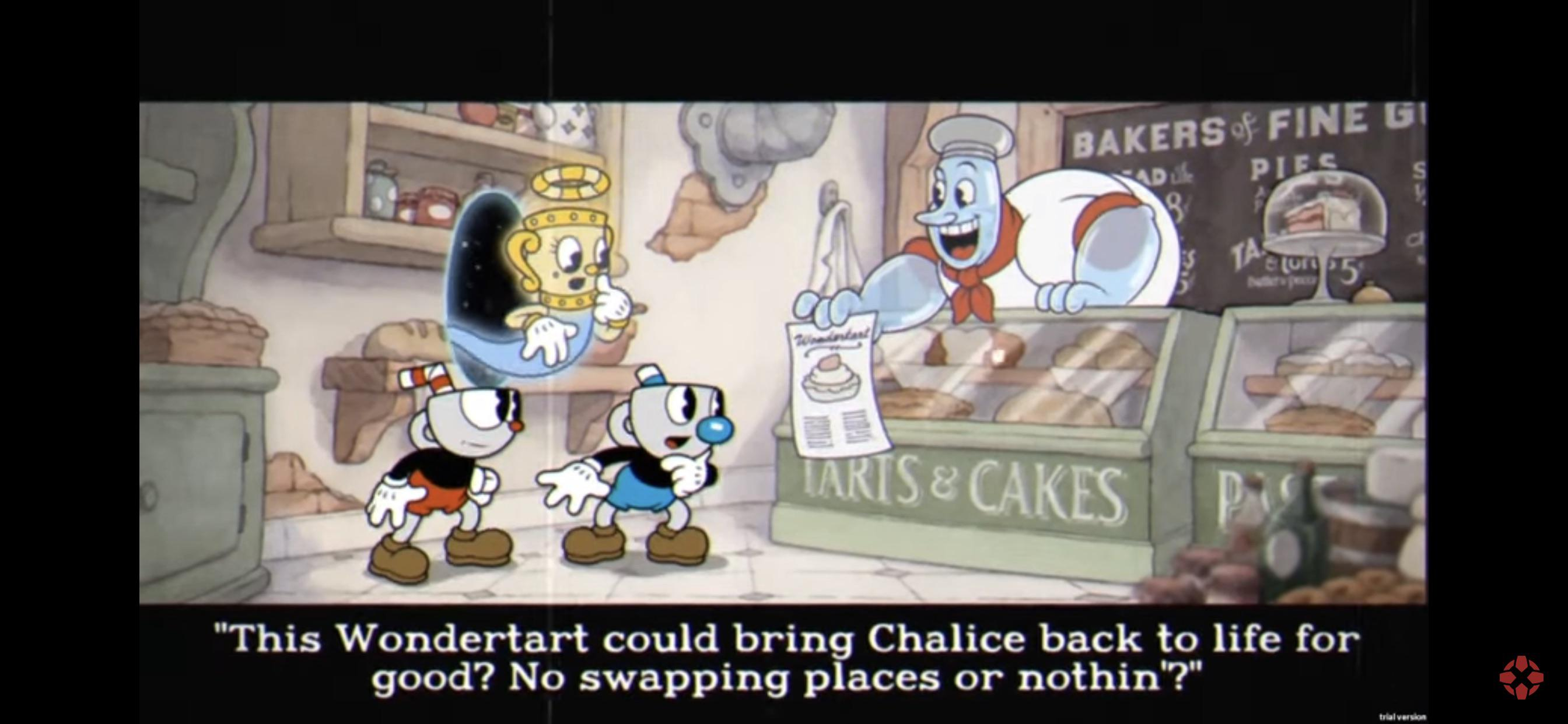 Screenshot from the game. Chef Saltbaker shows off the Wondertart recipe.