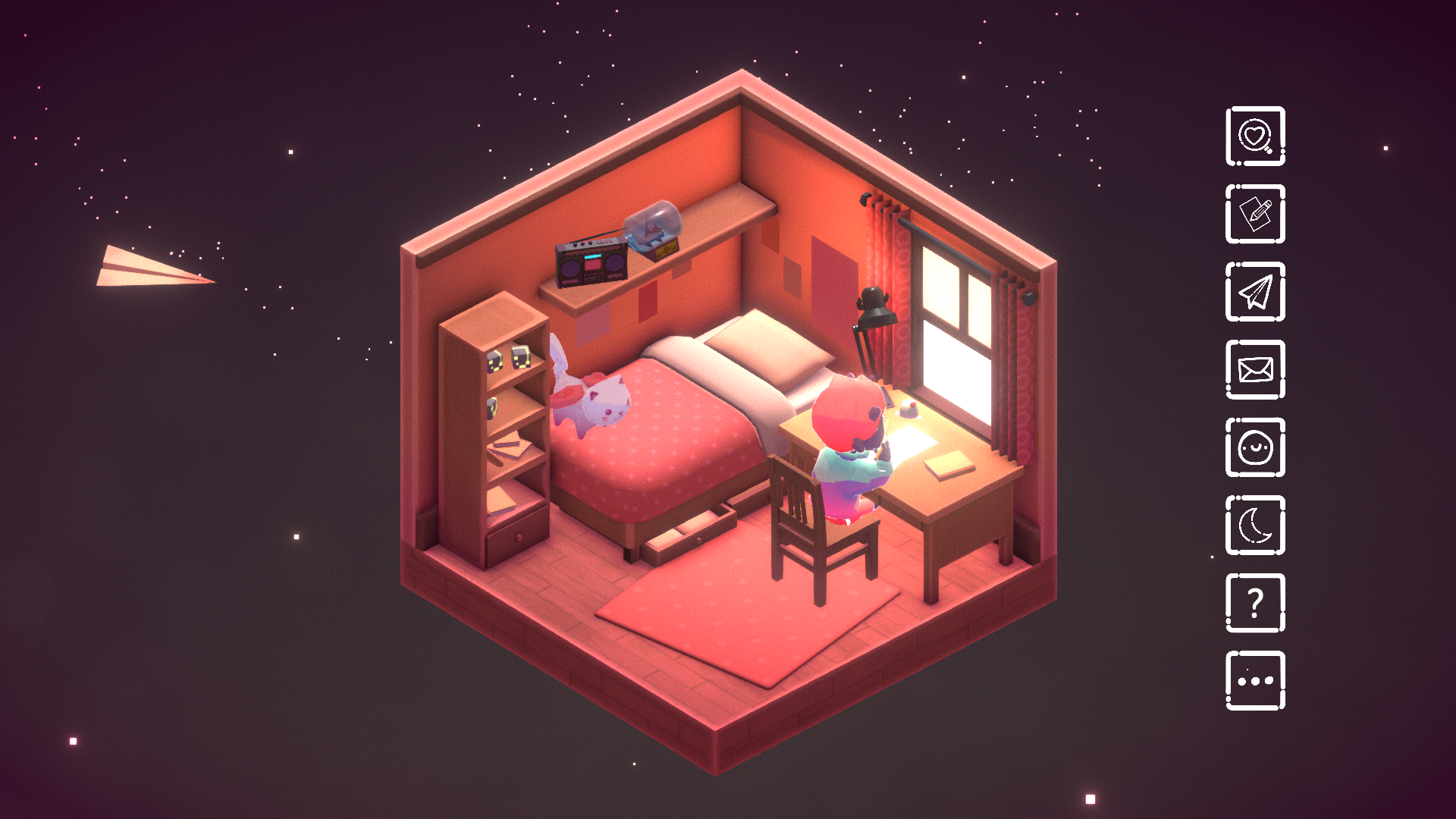 Screenshot from the game of a pink bedroom with various little knick knacks and a paper airplane flying onscreen.