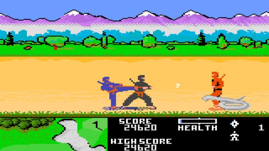 Three ninjas in blue, black, and orange fight on a golf course.