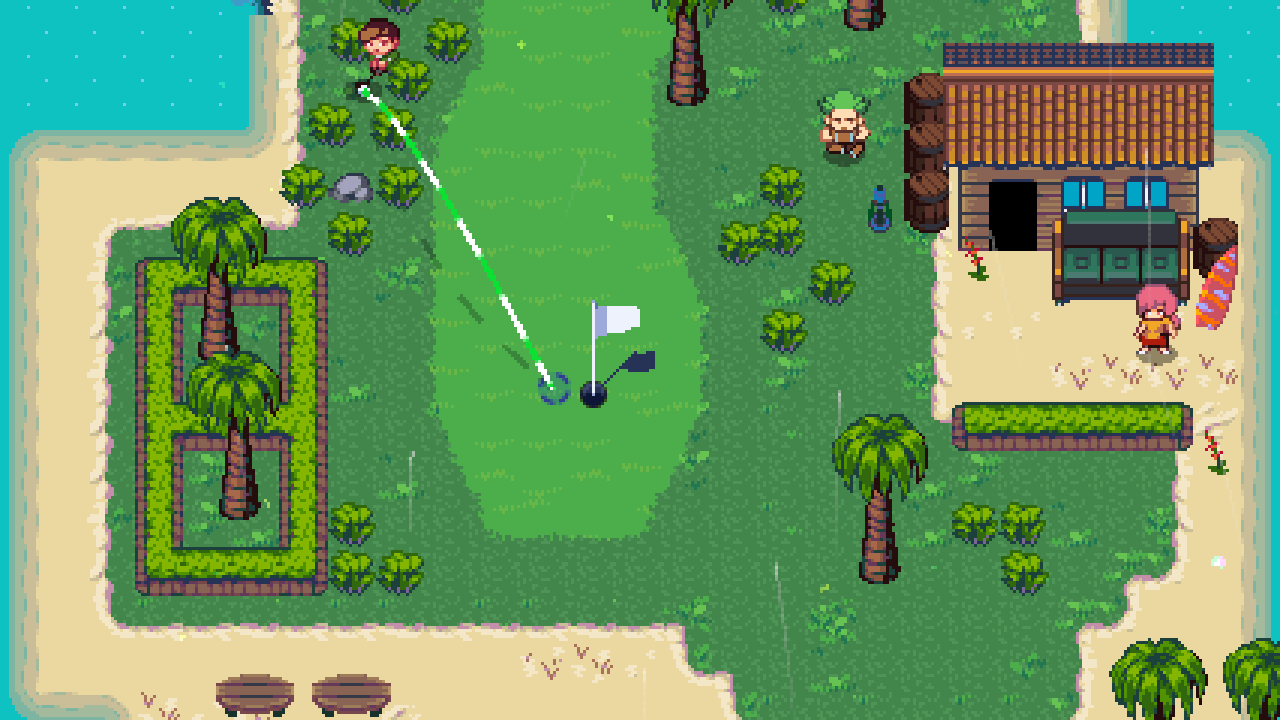 A pixelart game where the player character golfs on a beach setting.