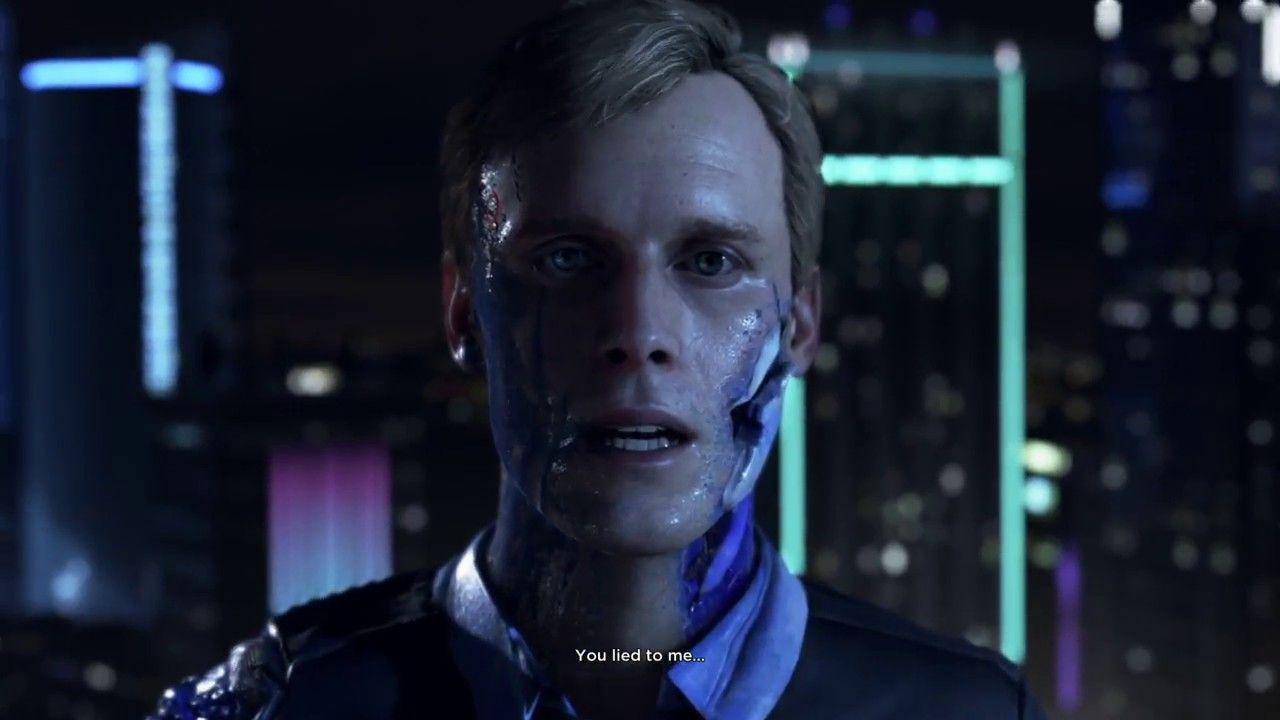 Screenshot from the game. The damaged deviant android Simon says, "You lied to me."