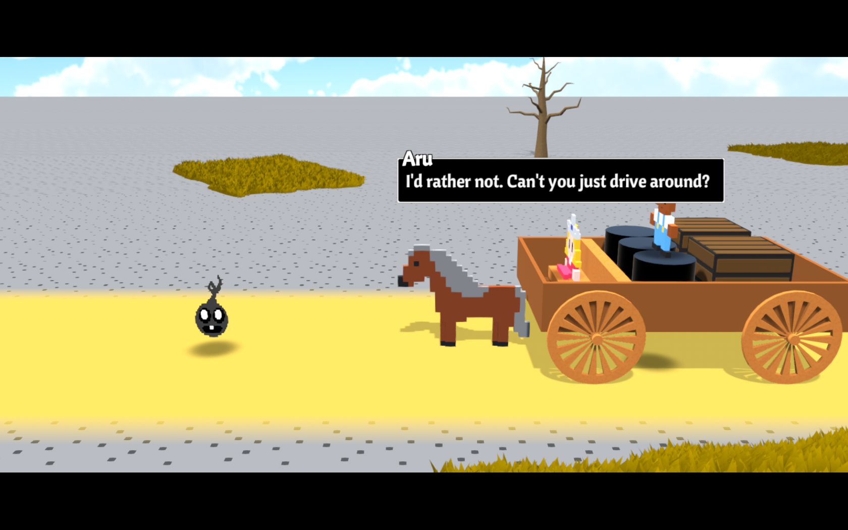 Screenshot from the game. Aru and Nate face a sprite in the road. Aru says, "I'd rather not. Can't you just drive around?"