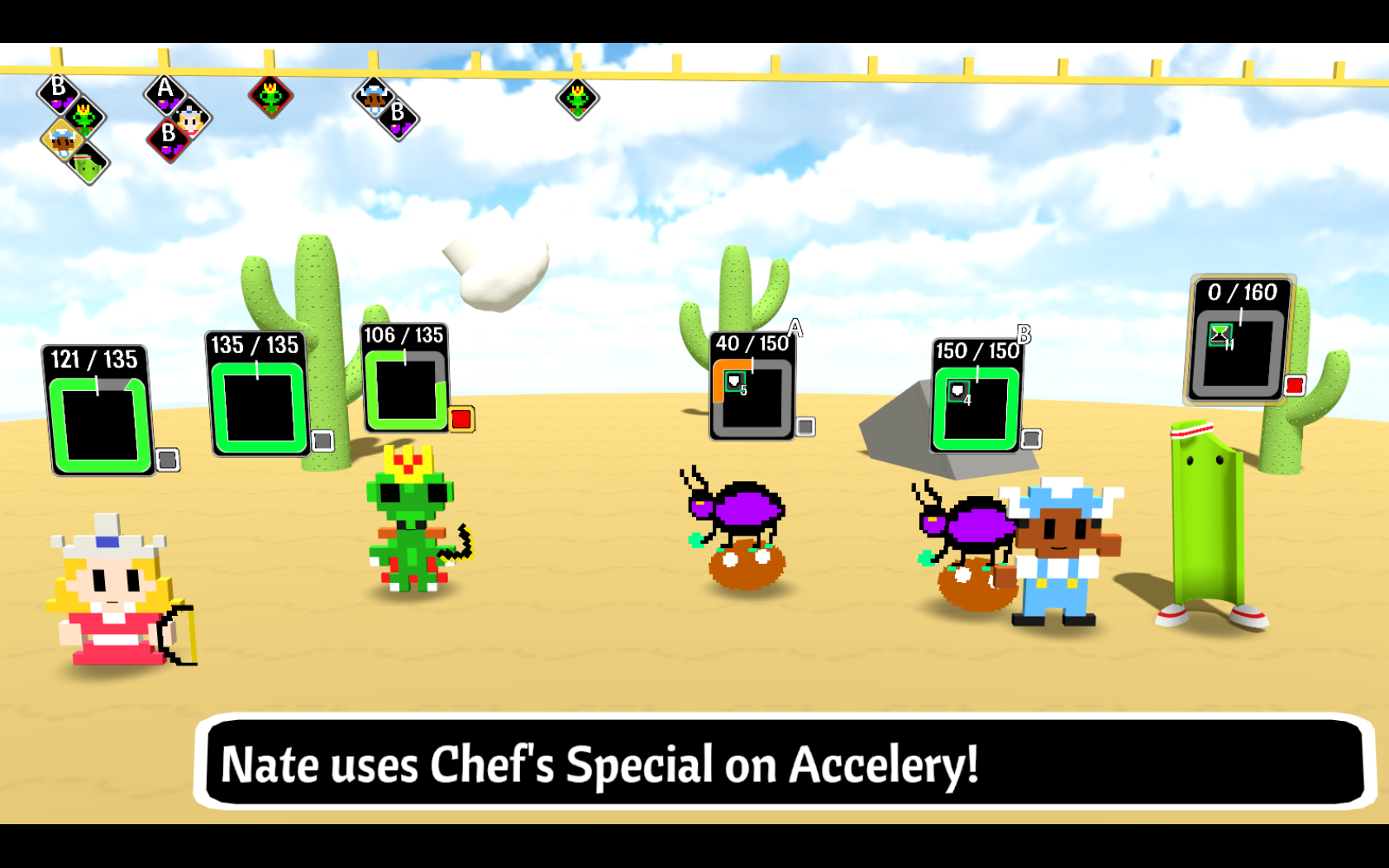 Screenshot of the game. The party fights two bugs and a celery stick.