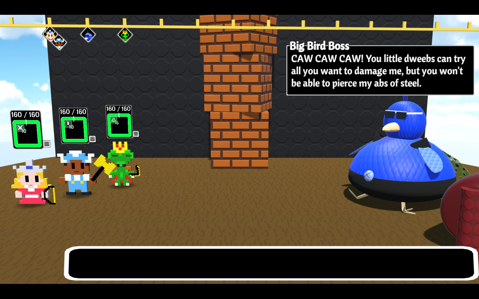 Screenshot from the game. the party faces Big Bird Boss, who warns they won't damage him.