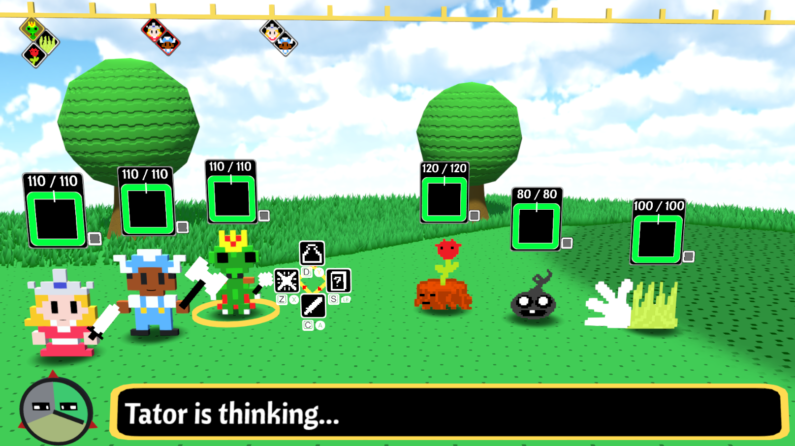 Screenshot of the game. The party faces off against a stump creature, a black blob, and a grass creature.