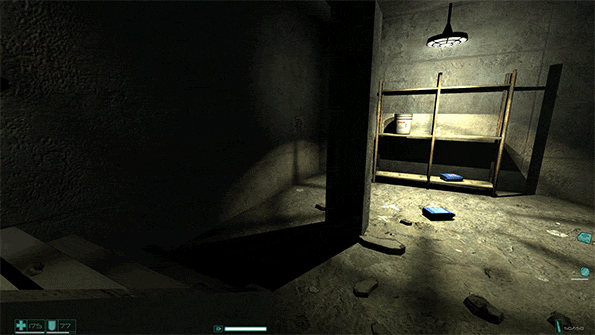 Animation from the game. An explosive goes off and sends an overhead light swinging back and forth in a dark room.