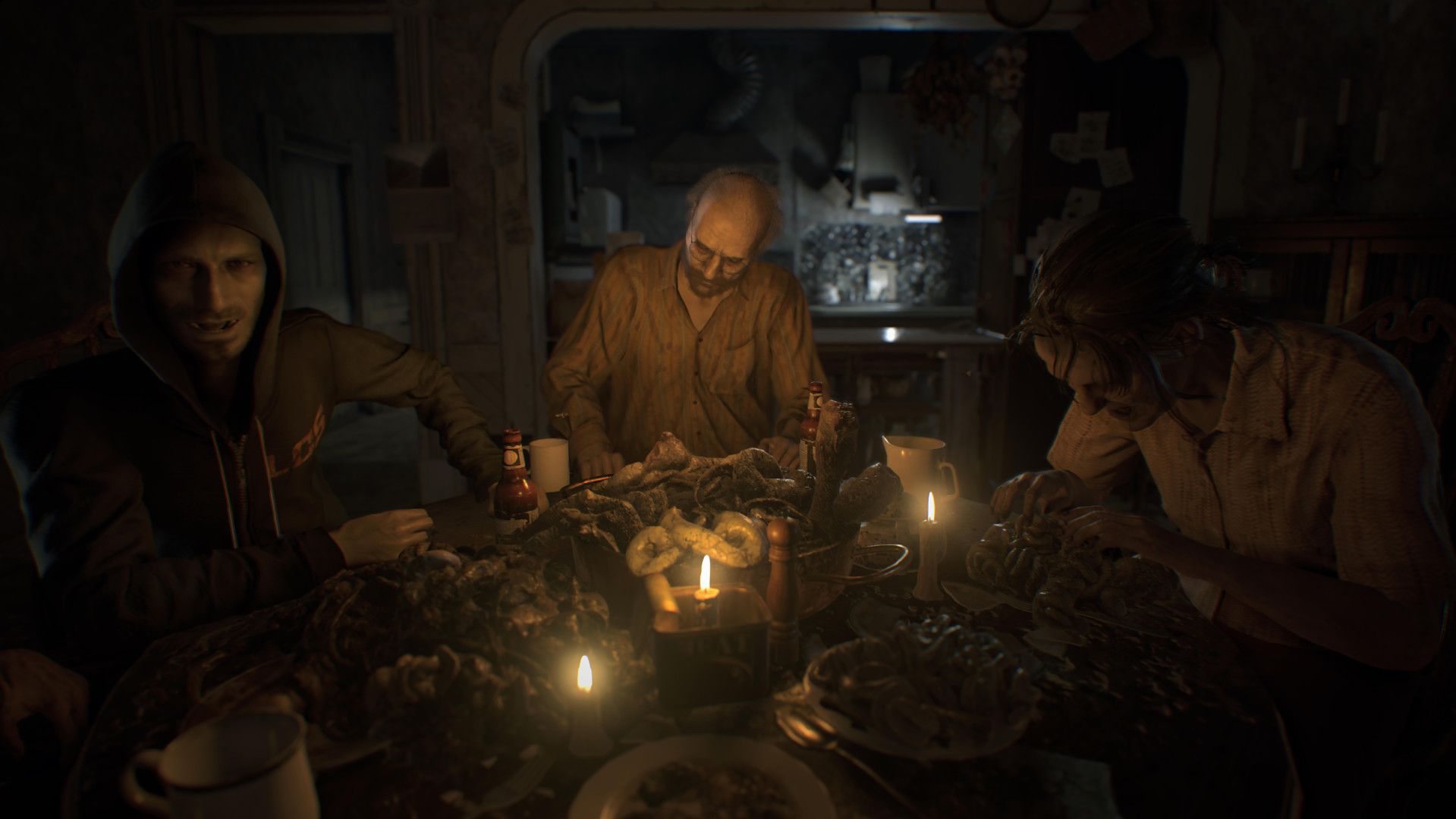 Resident Evil 7: Biohazard The Baker family enjoying a lovely Sunday roast, complete with entrails and insects.