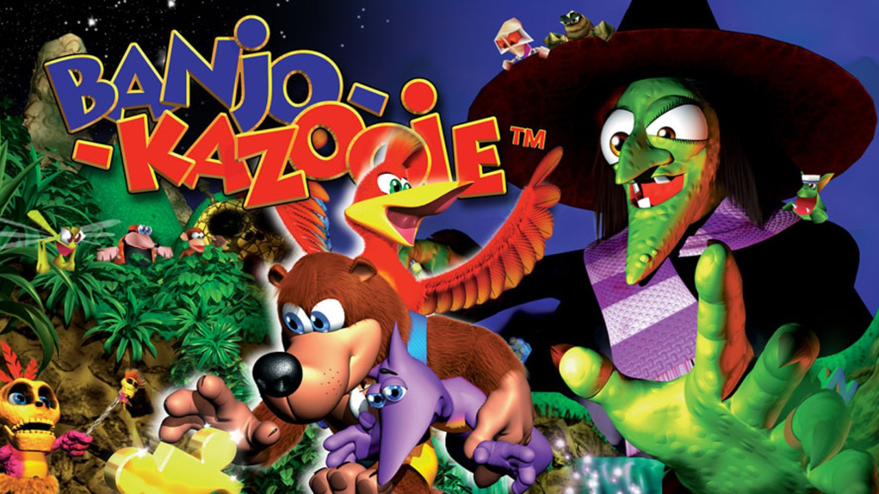 Cover art for Banjo-Kazooie video game that features multiple characters.