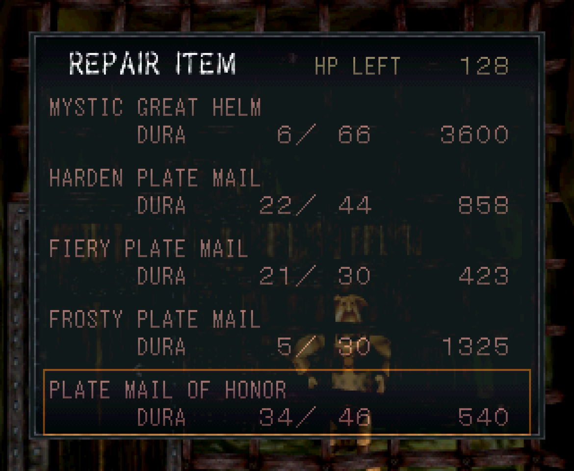 Merchant offers his equipment repair service in exchange for the player's HP.