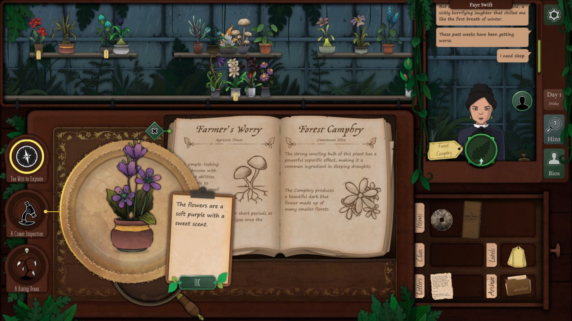 Strange Horticulture User-interface depicting the player identifying the properties of a certain plant.