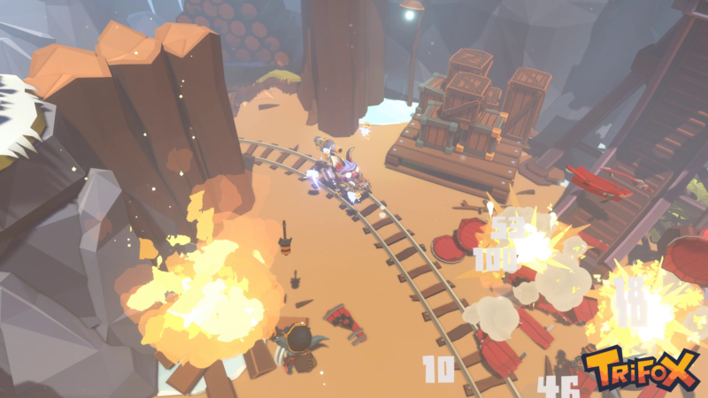 Screenshot from the game. Trifox is on a minecart moving along a track, with explosions happening all around him.