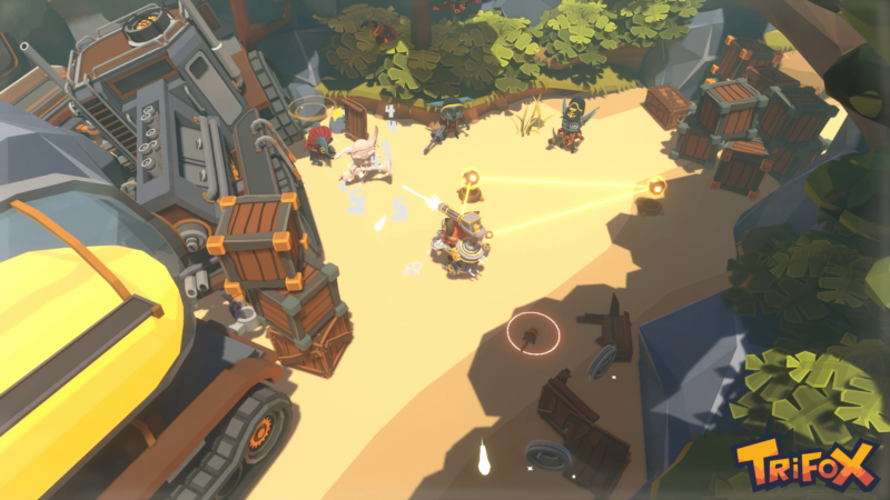 Screenshot from the game. Trifox is standing in an open area surrounded by forest, and is shooting a weapon at enemies.