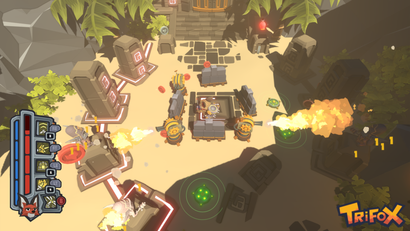 Twinfox is in an open area surrounded by flamethrowers that are shooting fire at stone columns covered in glowing glyphs.