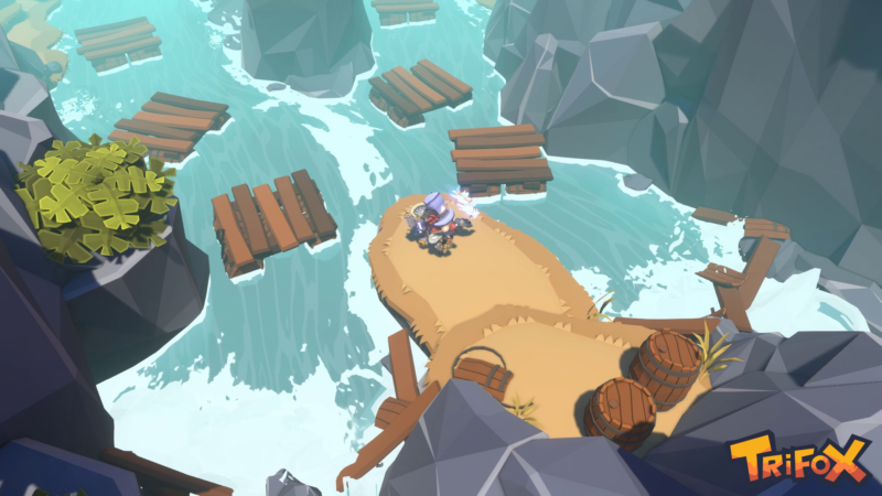 Screenshot of the game. Trifox is standing on a piece of earth in the middle of a two-pronged waterfall fork.