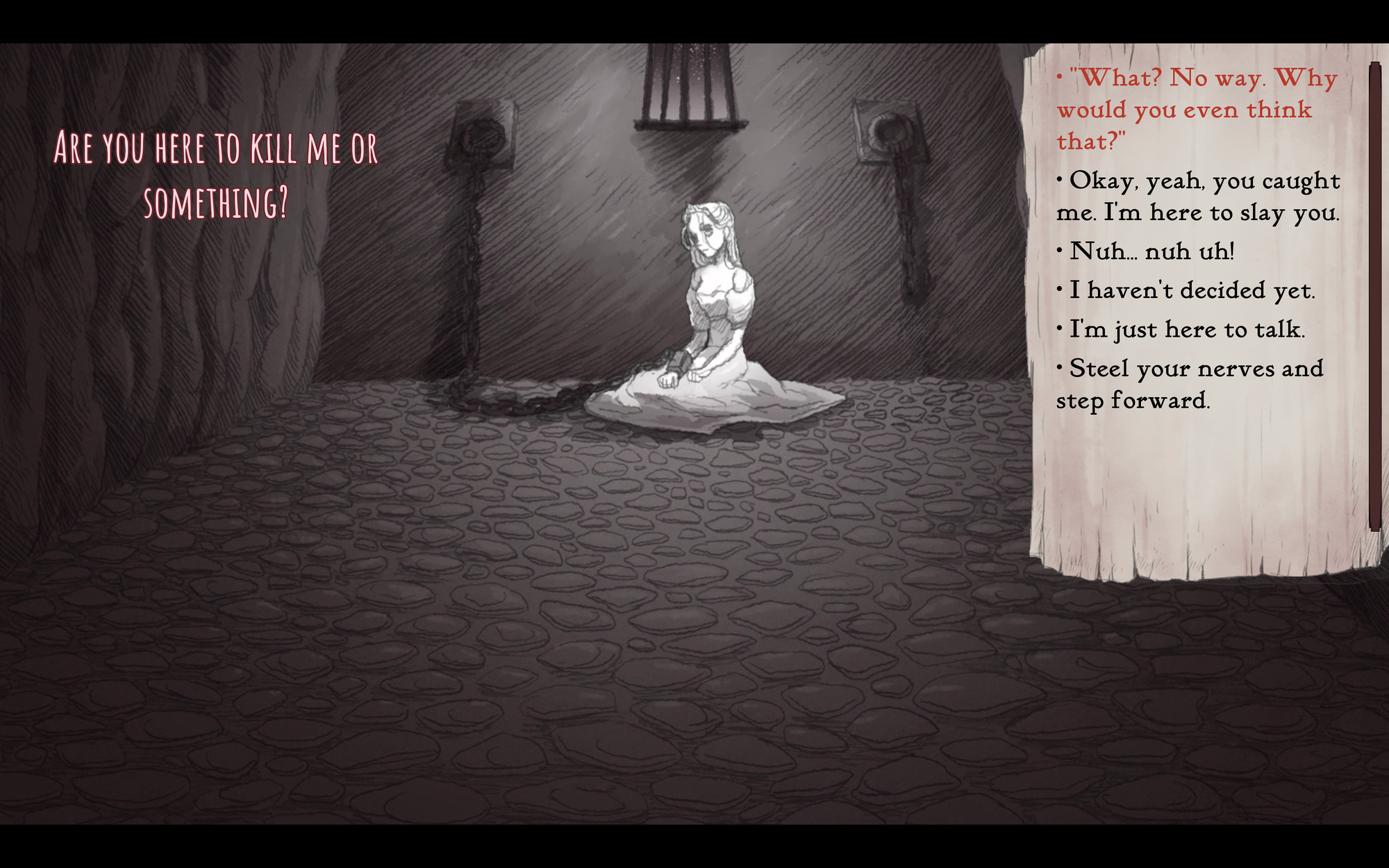 Screenshot of the game. The Princess asks if you are there to kill here. Dialogue options appear on the right.