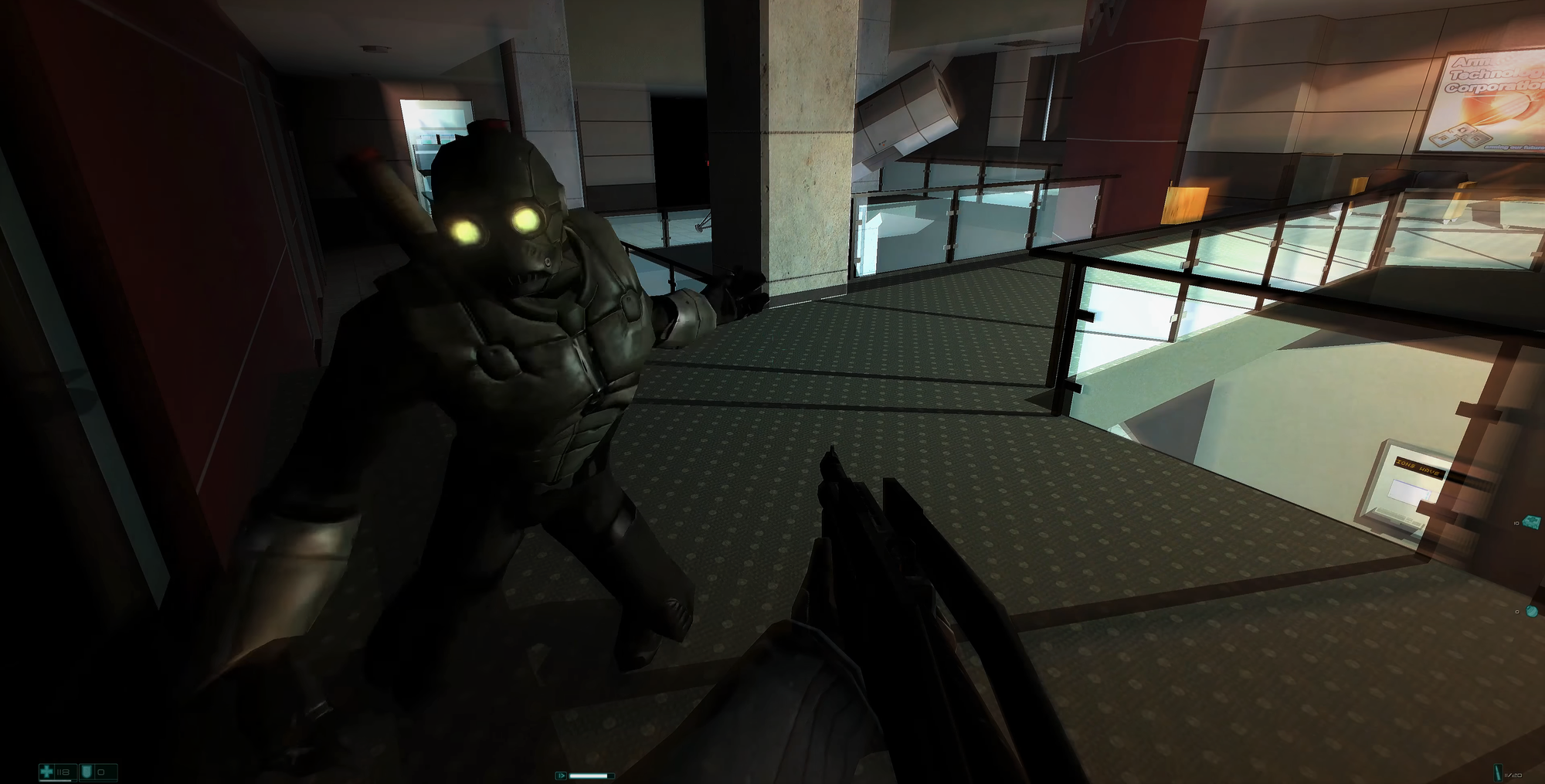 Screenshot from the game. The player is standing on a walkway and an enemy wearing a gas mask is approaching them.