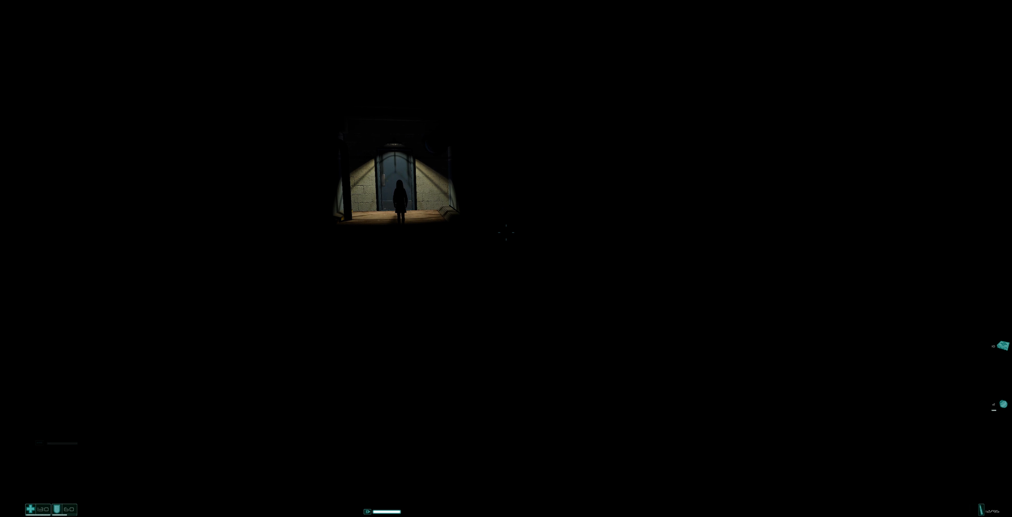 Screenshot from the game. A single light is visible at the end of a pitch black hallway. A child-size silhouette is standing under the light.