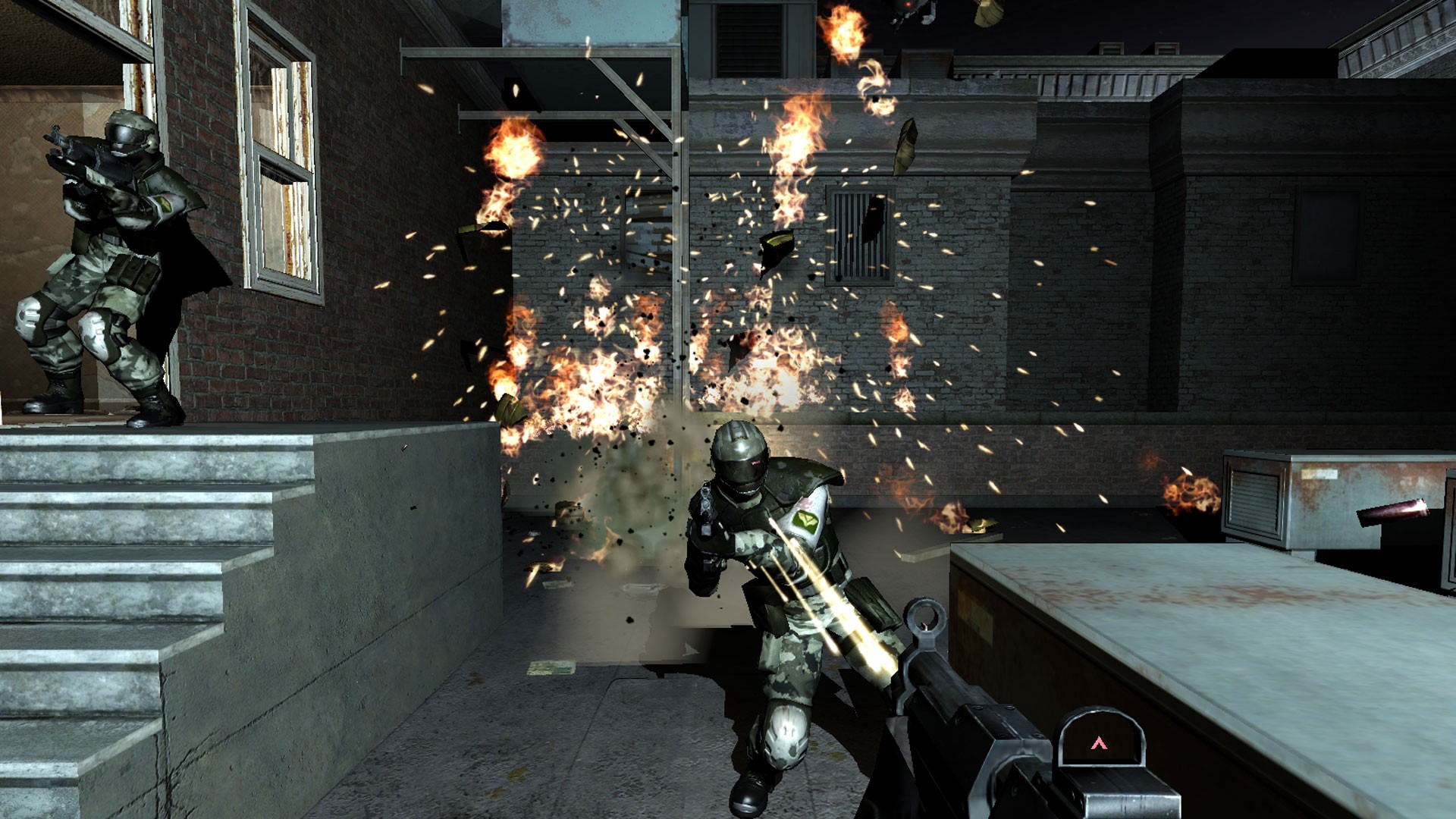 Screenshot from the game. The player is firing at an enemy right in front of them, sending shrapnel everywhere. There is a second enemy emerging from a doorway on the left.