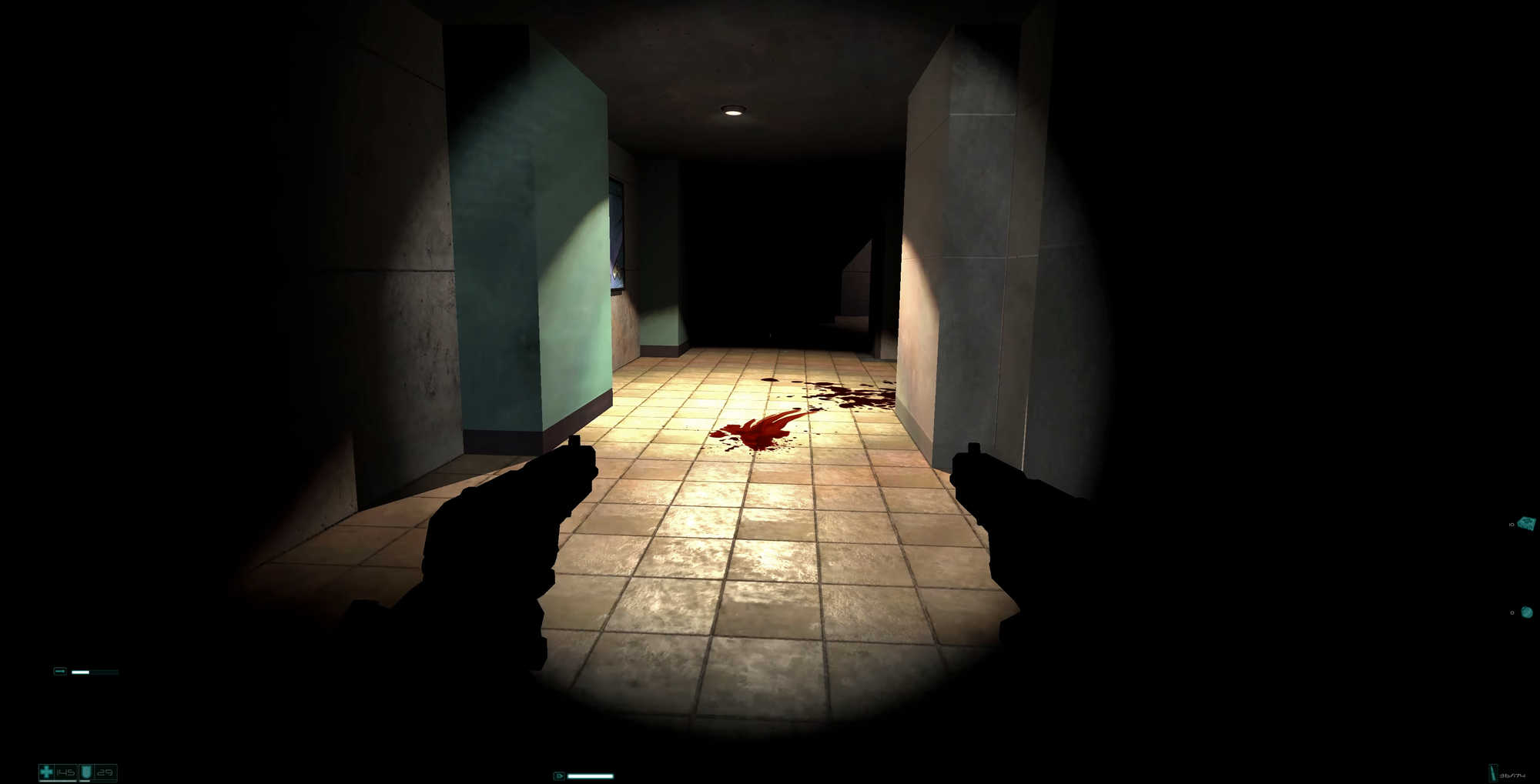 Screenshot from the game. The player is dual-wielding two handguns in a dark, tiled room. The centre of the image is lit up, revealing blood traces on the tiles.