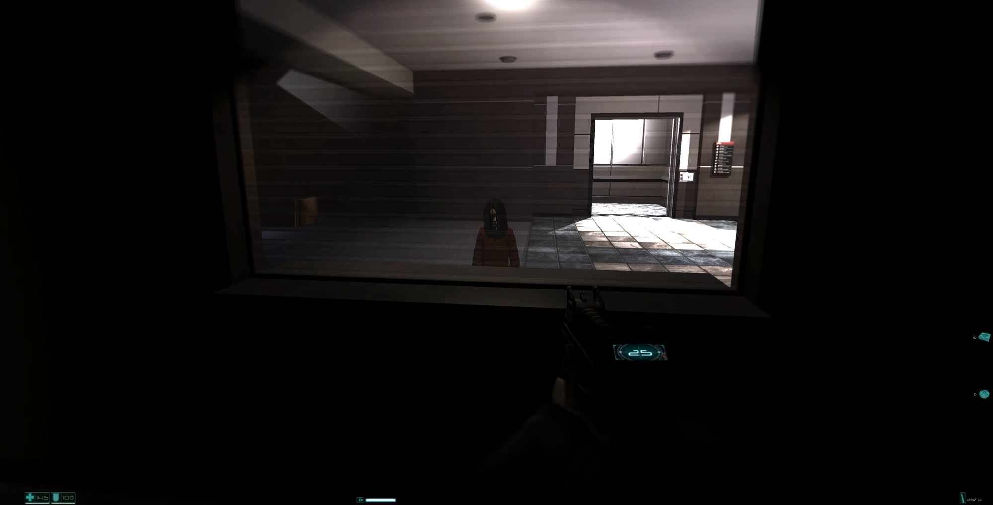 Screenshot from the game. The player is looking at a child through a one-way mirror.