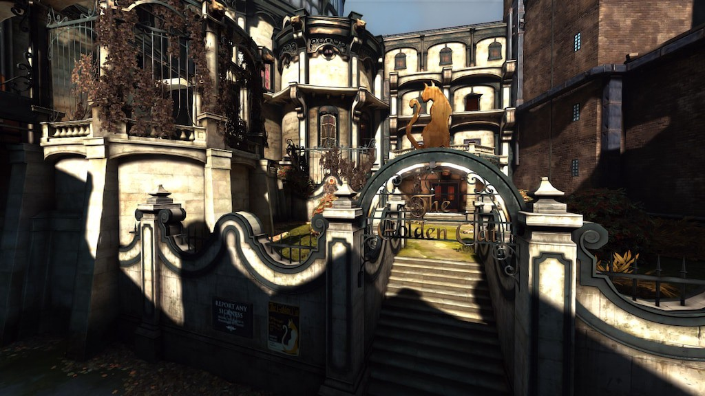 Screenshot from the game. Depicts an art nouveau gate with a cat silhouette on top.