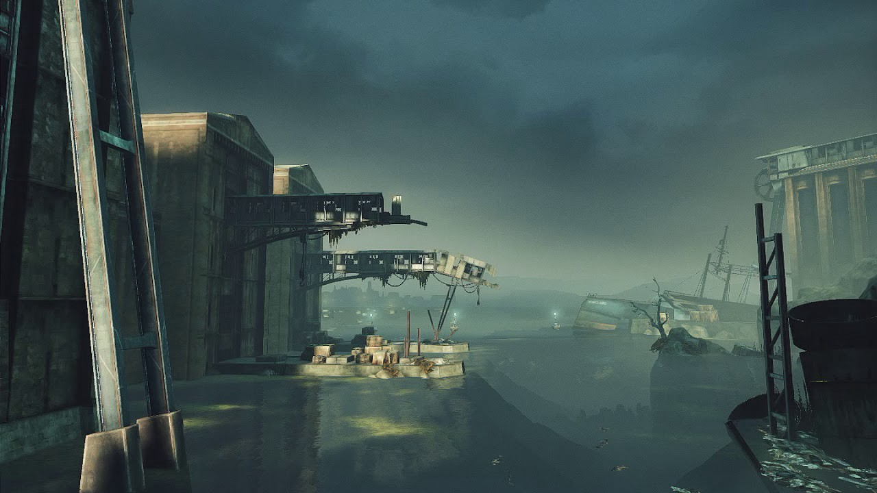 Screenshot from the game. Depicts a water scene with large warehouses on the water's edge with decayed metal buttresses protruding from them.