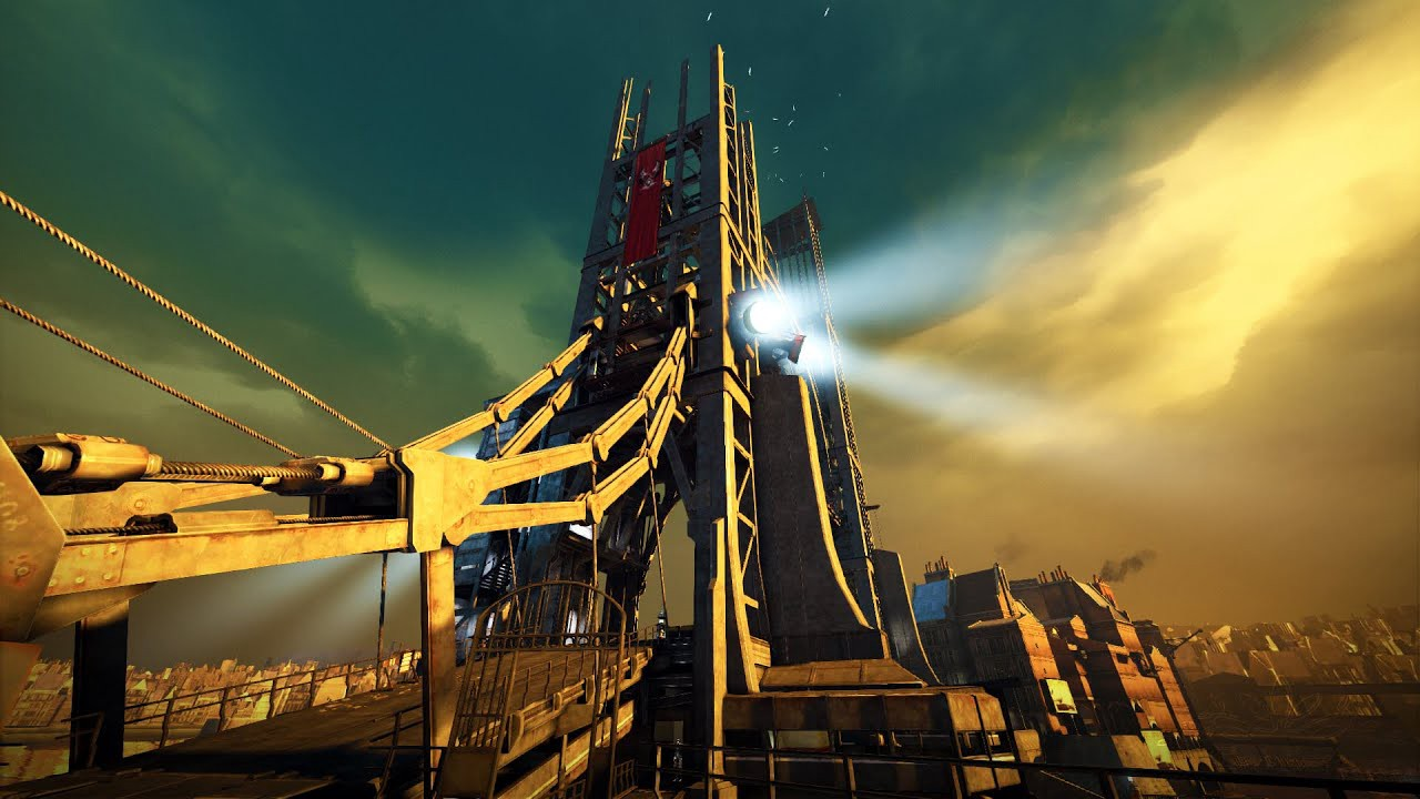 Screenshot from the game. Depicts a massive suspension bridge at twilight, with huge spotlights shining outward.